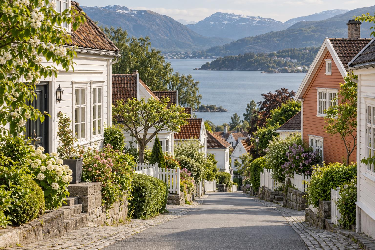 Norske trehus med grønne hager. Illustrasjonsbilde.