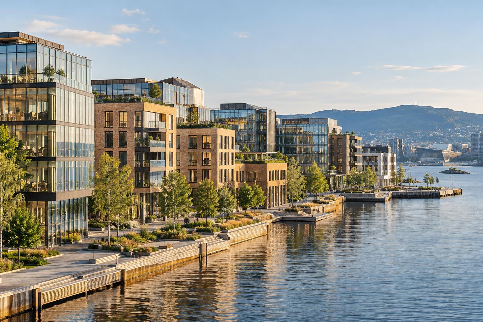Moderne næringsbygg ved en norsk havnepromenade. Illustrasjonsbilde.